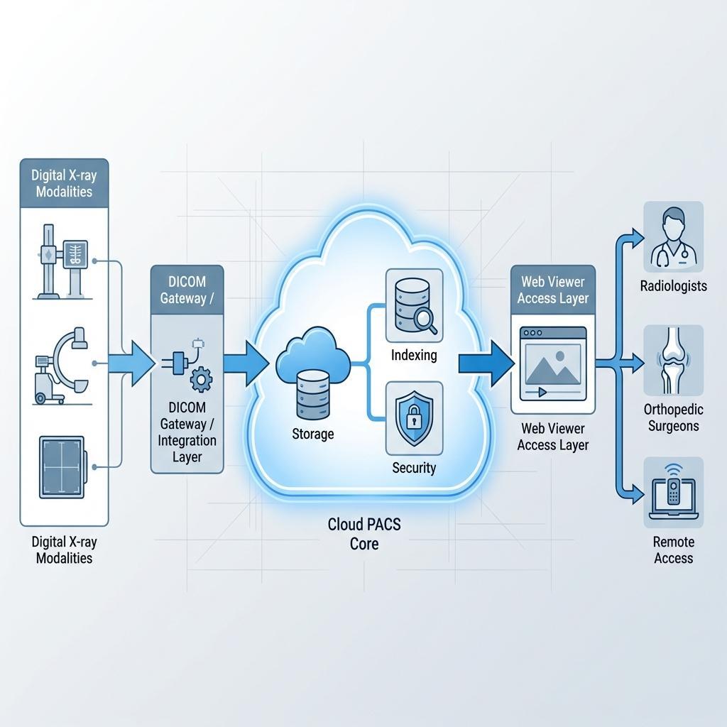 Cloud-PACS-Architektur für die orthopädische Bildgebung, die den DICOM-Workflow und den Fernzugriff zeigt – PostDICOM